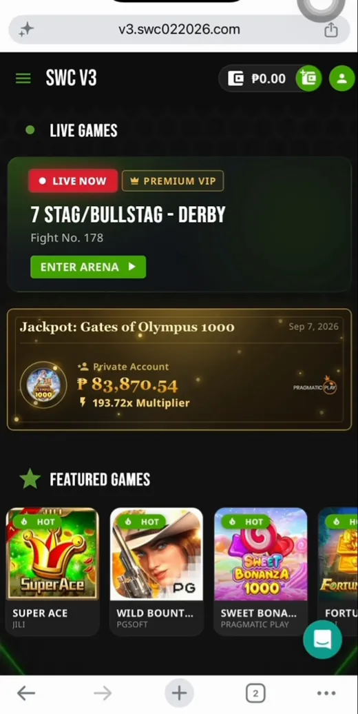SWC V3 lobby pagkatapos mag-sign up, may live derby at jackpot