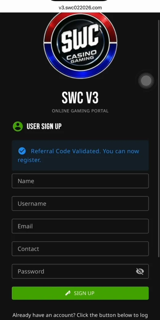 SWC V3 user sign up form na may Name, Username, Email, Contact at Password