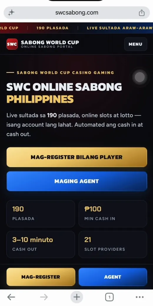 Ang swcsabong.com sa cellphone, nakaturo sa MAG-REGISTER BILANG PLAYER na button